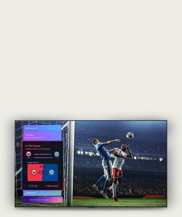 El pronóstico deportivo LG OLED evo AI G6 de AI Concierge muestra un partido de fútbol en vivo con un panel de AI en pantalla que presenta predicciones, información del juego y datos de la liga, sugiriendo cómo la AI analiza el juego para pronosticar los resultados del partido.